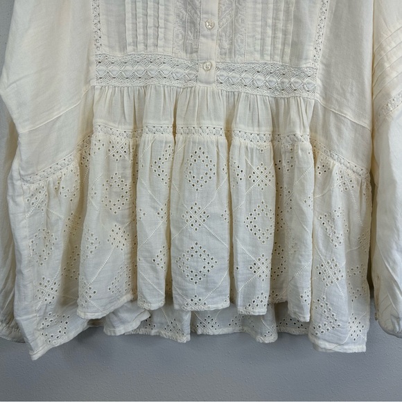 Lucky Brand M Ivory Eyelet Blouse 100% Cotton Prairie Peasant Boho Country EUC - Picture 6 of 11